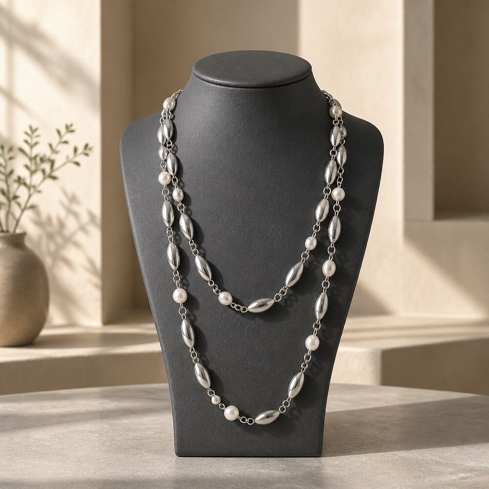 1980 s Vintage Elongated Torpedo Link & Pearl Station Layering Necklace